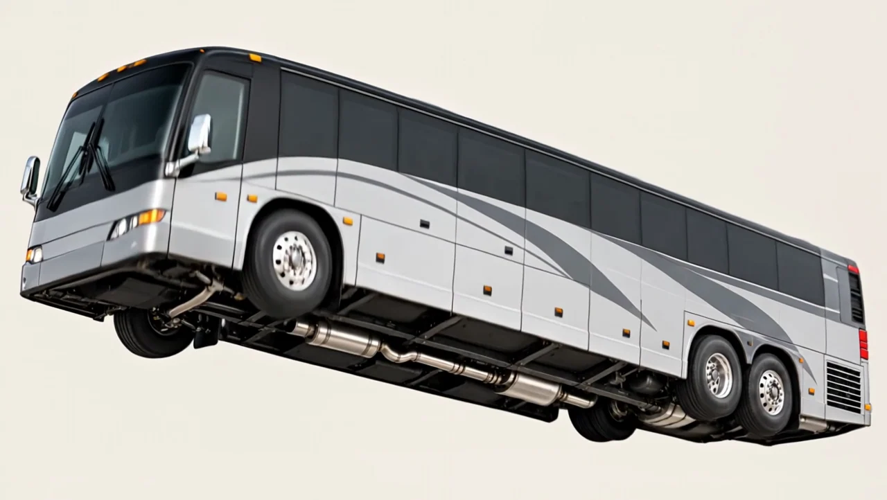 Illustrative motorcoach turning to reveal its underside, followed by a white coating application.